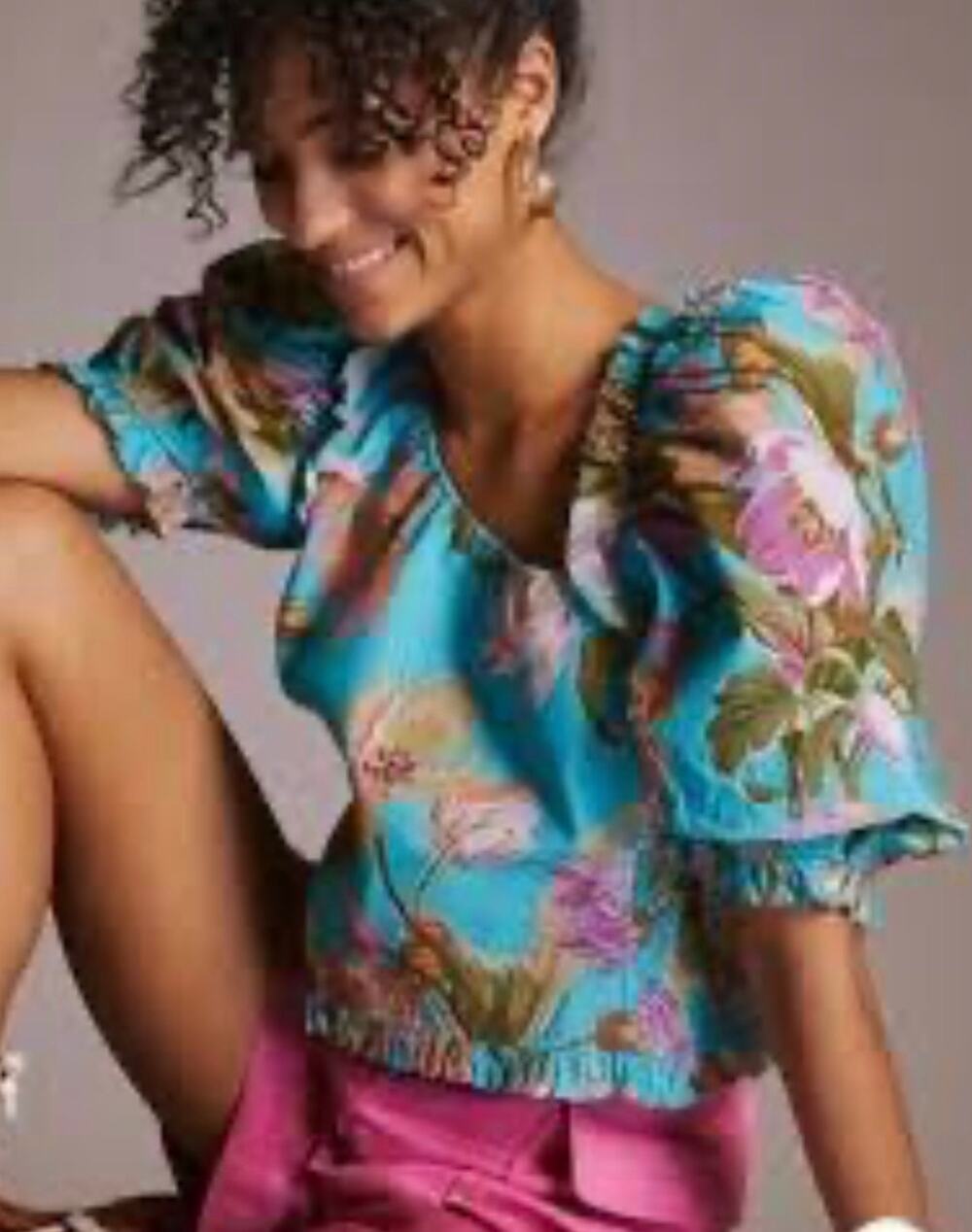 Love The Label Green Floral Ruffle Puff Short Sleeve Cotton Blouse Size XS